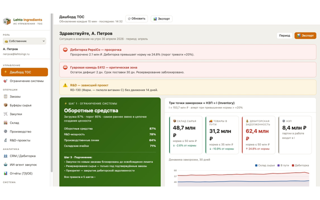 Экран учёта партий, рецептур и склада